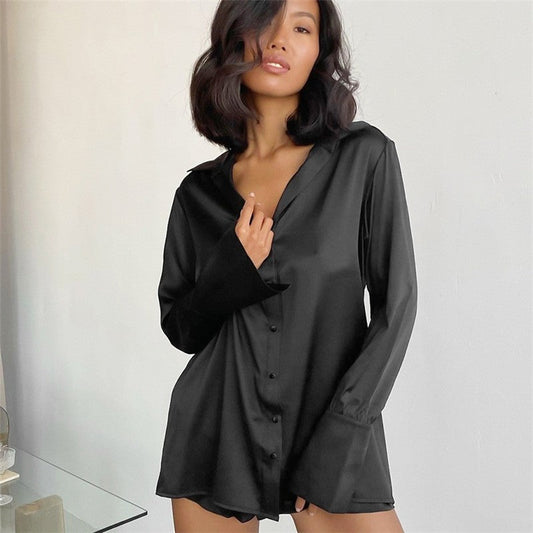 Solid Color Satin Long Sleeve Lapel Single Breasted Blouse and Shorts Set
