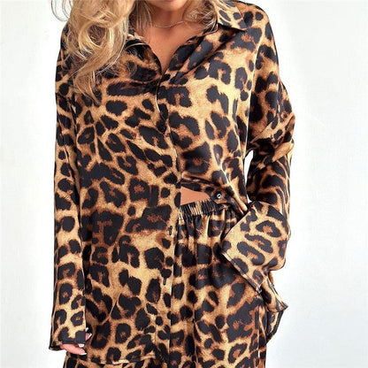 Leopard Print Long Sleeve Top and Trousers Ensemble