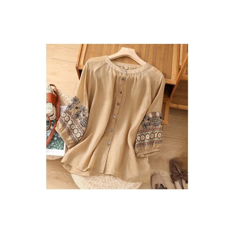 Embroidered Lantern Sleeve Cardigan T-Shirt