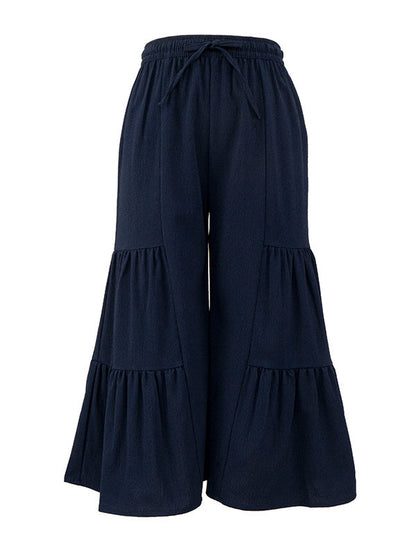 High Waisted Loose Drawstring Elasticity Pleated Solid Color Split-Joint Pants Trousers