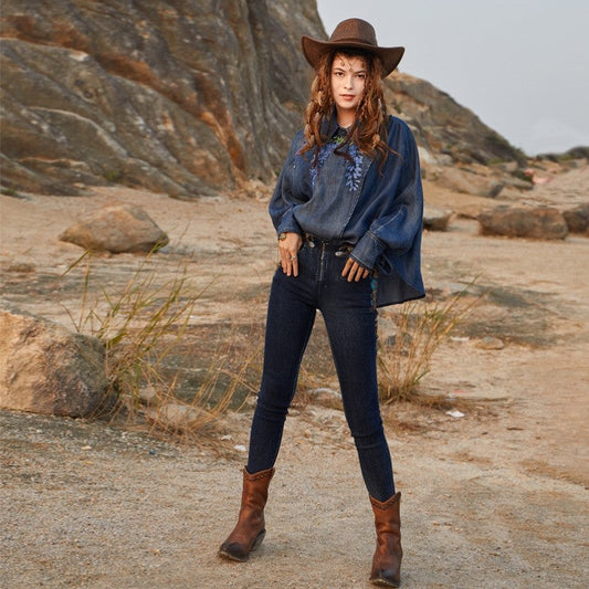 Embroidered Denim Blouse with Vintage Flair