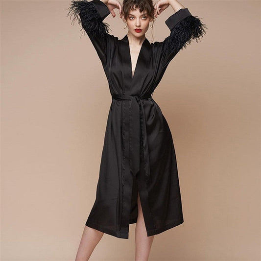 Feathered Silk Nightgown for Women - Long and Loose-Fitting