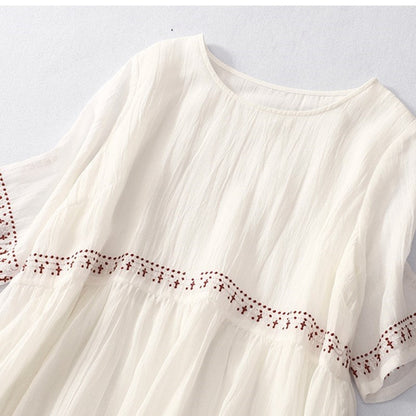 Cotton Linen Embroidered Dress Loose Large Swing Round Neck
