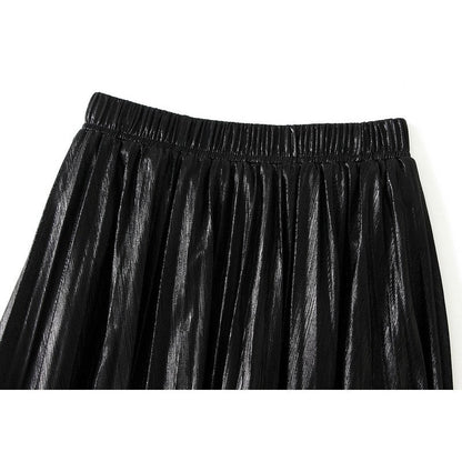 Metallic Pleated A-Line Skirt with Elastic Waist in Solid Color