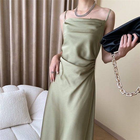Solid Color Satin Waistband Sling Dress with Figure-Flattering Silhouette
