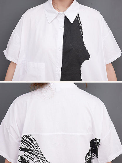Original Loose Short Sleeves Buttoned Contrast Color Printed Midi Dresses
