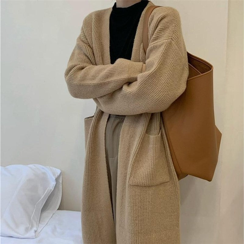 Loose Fit Solid Color Mid-Length Knit Cardigan Coat