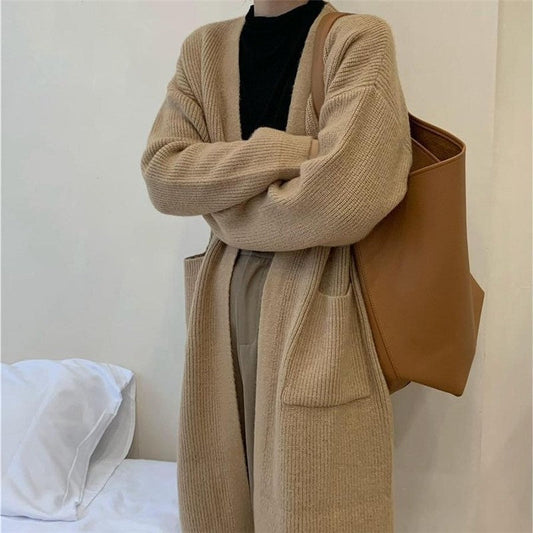 Loose Fit Solid Color Mid-Length Knit Cardigan Coat
