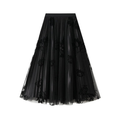 Floral Flock Mesh Patchwork A-Line Skirt