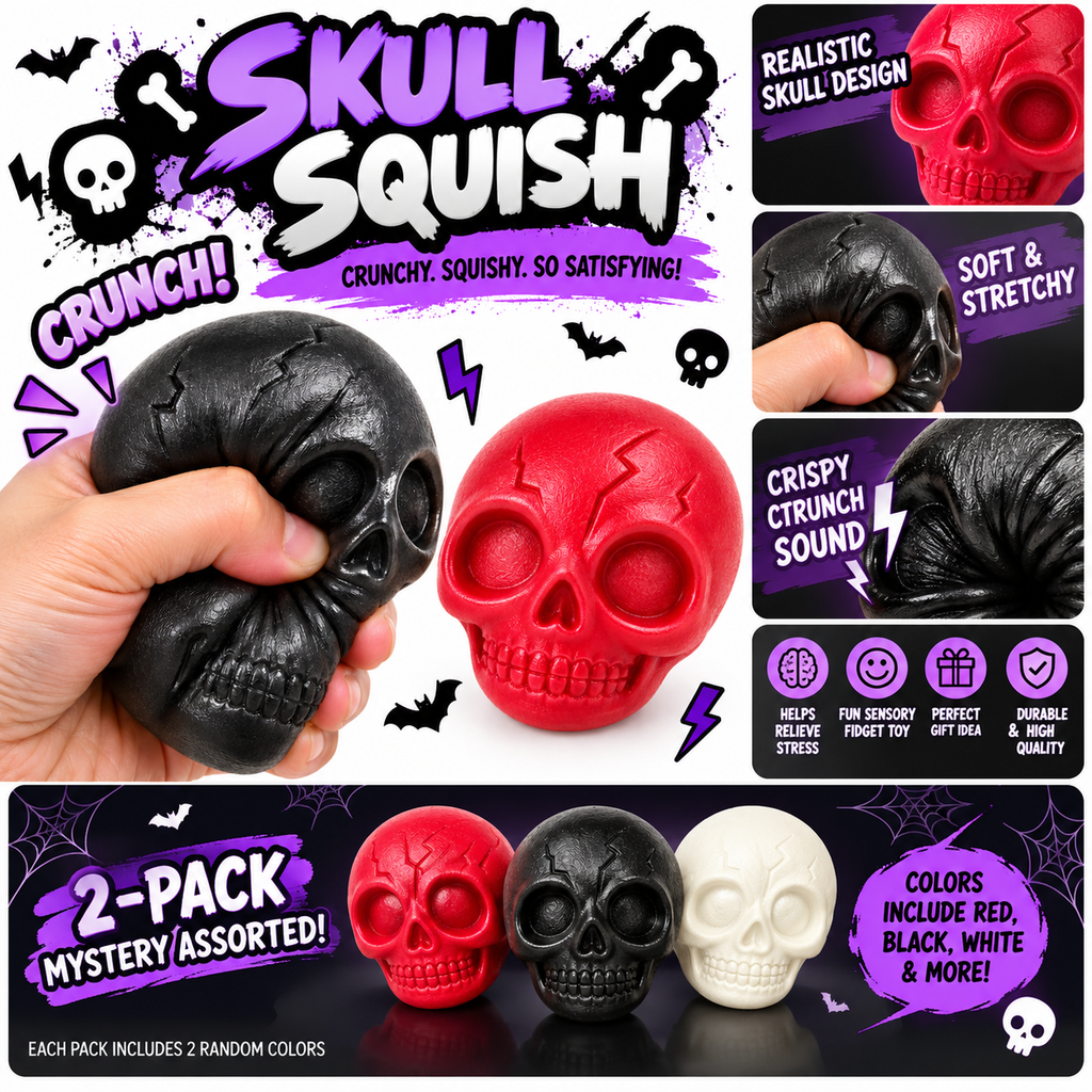 Crunchy Squishies Skull Squish Squeeze Toy 2-Pack – Mystery Color Crispy Crunch Soft Stretchy Stress Balls | ASMR Sensory Fidget Toys for Adults & Kids | Halloween Skull Squishies