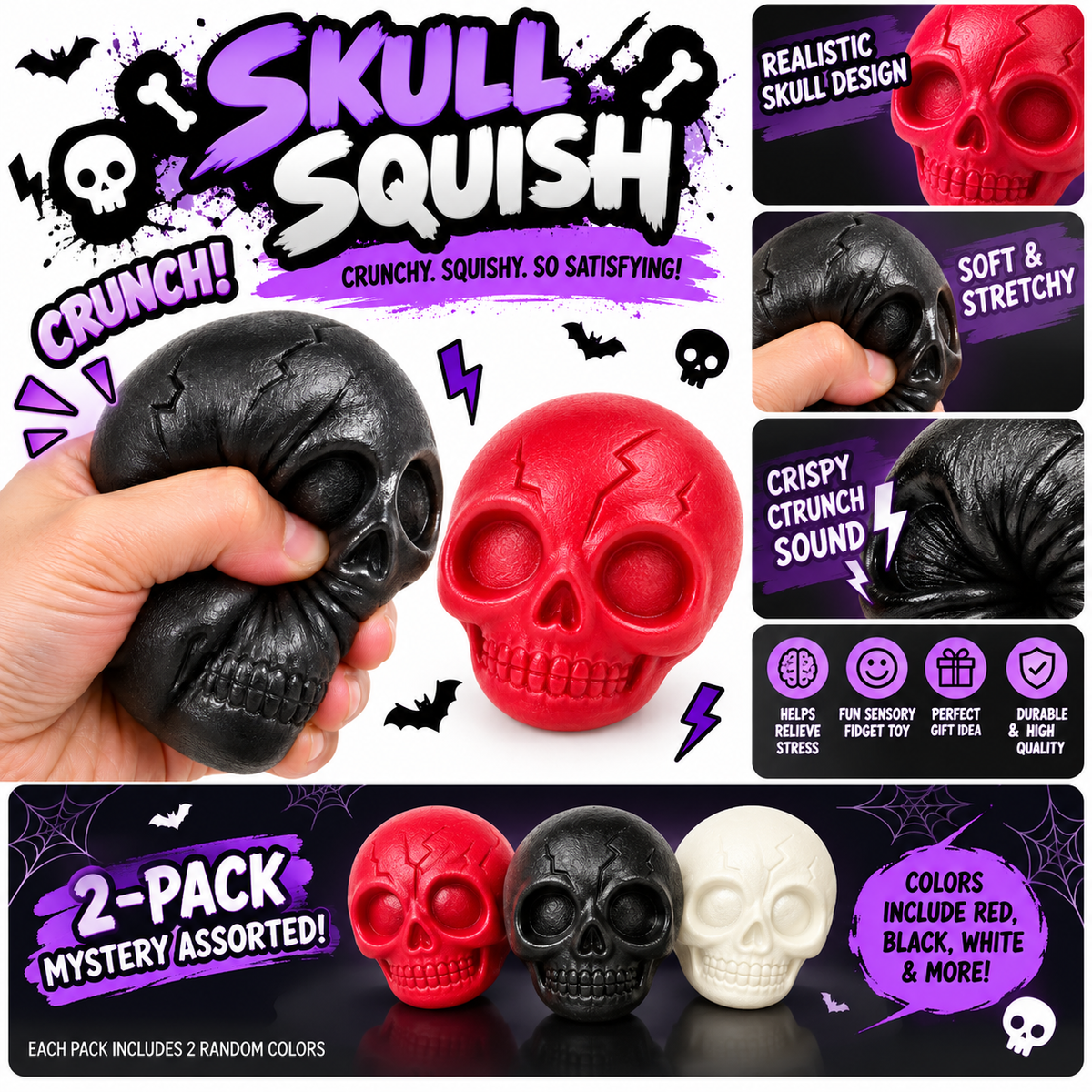 Crunchy Squishies Skull Squish Squeeze Toy 2-Pack – Mystery Color Crispy Crunch Soft Stretchy Stress Balls | ASMR Sensory Fidget Toys for Adults & Kids | Halloween Skull Squishies