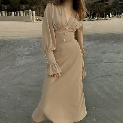 Vibrant V-Neck Midi Dress with Lantern Sleeves and High Waist
