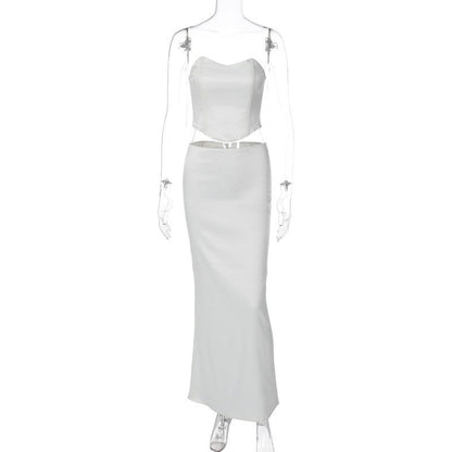 Solid Color Bandeau Maxi Dress Set with Matching Belt - Stylish and Versatile Summer Outfit
