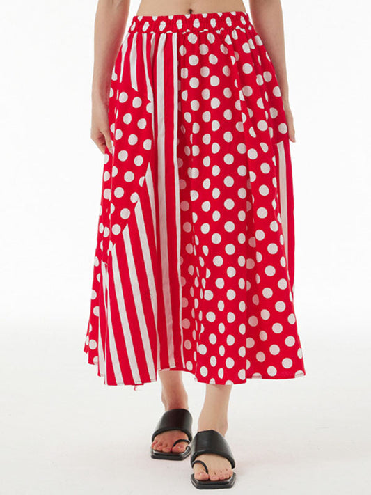High Waisted Loose Polka-Dot Split-Joint Striped Skirts Bottoms