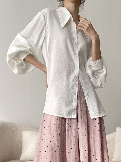 Loose Puff Sleeves Pleated Split-Joint Sun Protection Lapel Blouses