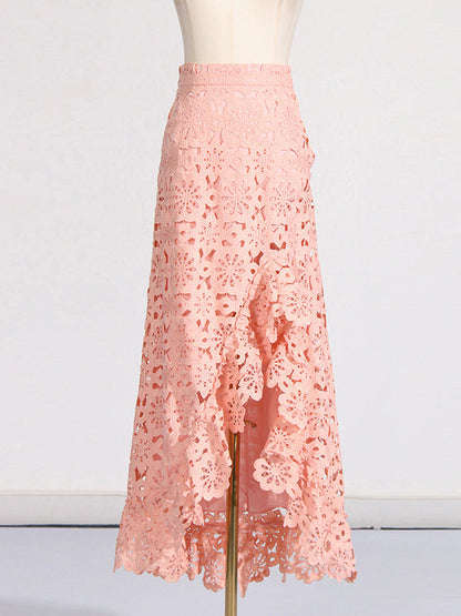 Flower Print Hollow Jacquard Solid Color Round-Neck Vest Top + Ruffle Trim Bodycon High-Low Skirts Bottom Two Pieces Set