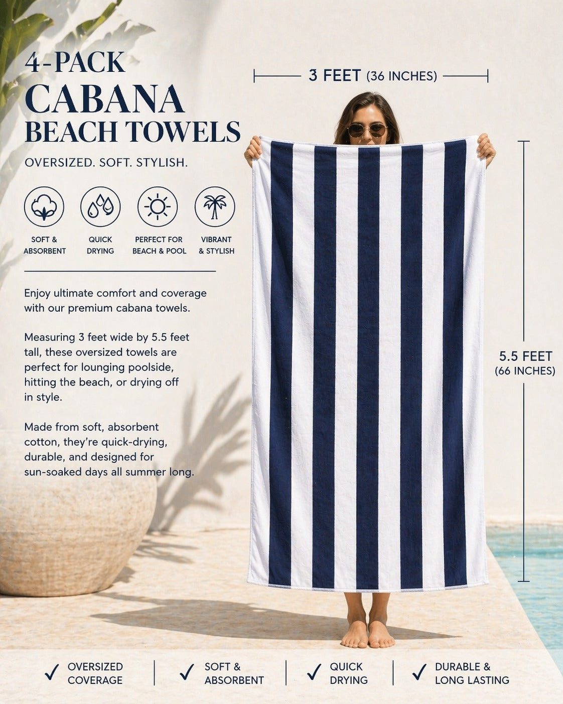 Cabana Beach Towels 4-Pack – Oversized 36" x 66" Striped Pool & Beach Towels, Soft Quick-Dry Cotton Blend Bath Towels for Beach, Pool, Vacation & Summer Travel