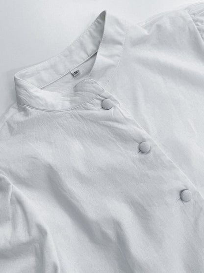 Half Sleeves Loose Buttoned Pleated Solid Color Split-Joint Stand Collar Blouses Top +  Skirts Bottom Two Pieces Set