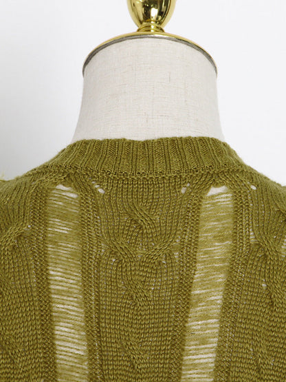 Original Skinny Puff Sleeves Hollow Split-Joint Round-Neck Sweater Tops