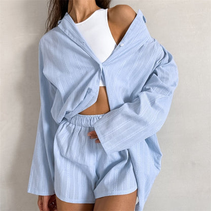 Solid Color Long Sleeve Lapel Single Breasted Blouse and Shorts Set - Stylish Loungewear