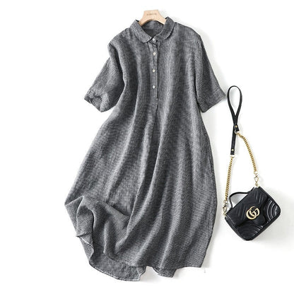 Short Sleeve Lapel A-Line Ramie Cotton Casual Retro Dress
