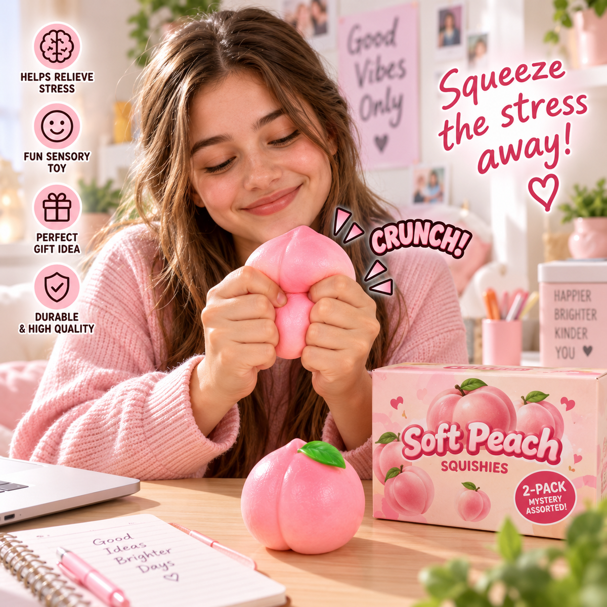 Crunchy Squishies Soft Peach Squeeze Toy 2-Pack – Crispy Crunch Sound Stress Balls | ASMR Sensory Fidget Toys for Adults & Kids | Realistic Pink Peach Squishies