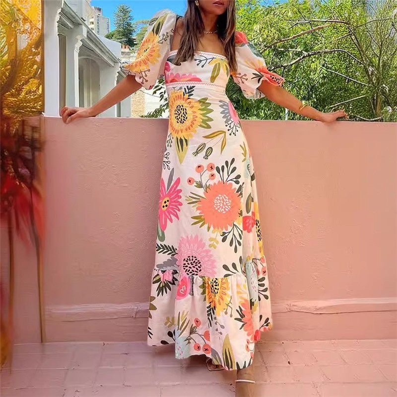 Flowy Printed Lantern Sleeve Swing Dress