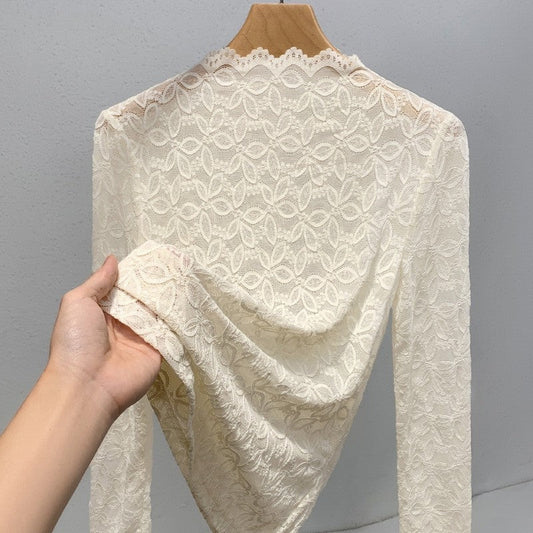 Solid Color Half Turtleneck Long Sleeve Lace Slim Fit Top