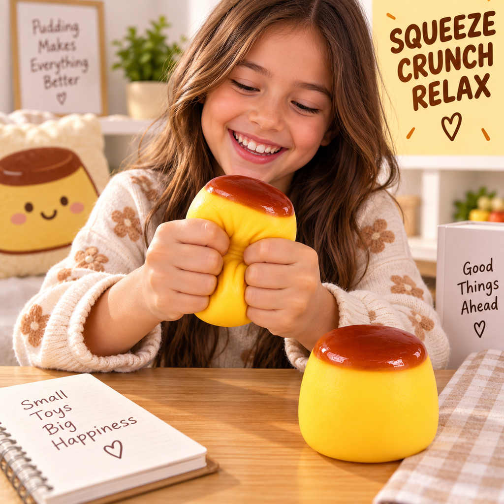 Crunchy Squishies Pudding Cup Squeeze Toy 2-Pack – Crispy Crunch Sound Soft Stretchy Stress Balls | ASMR Sensory Fidget Toys for Adults & Kids | Realistic Caramel Flan Squishies