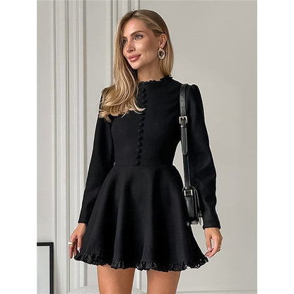 Solid Color Crewneck Long Sleeve A-Line Ruffled Hem Mini Dress
