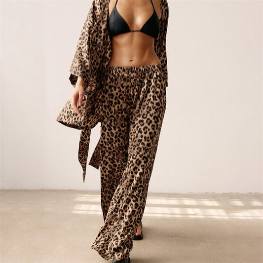 Leopard Print Tie-Waist Robe and Pants Ensemble