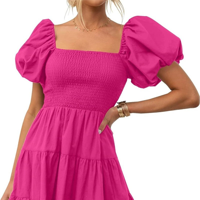 Square Neck Off-Shoulder Bubble Sleeve Dress