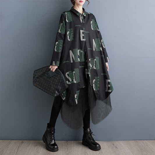 Loose Plus Size Mesh Splice Mid-Length Long Sleeve Dress
