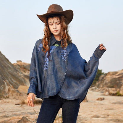 Embroidered Denim Blouse with Vintage Flair