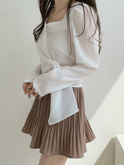 Original Solid Color Square-Neck Long Sleeves Tied Blouse