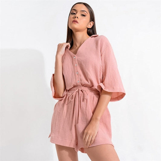 Solid Color V-Neck Loose Fit Half Sleeve Blouse and Shorts Pajama Set