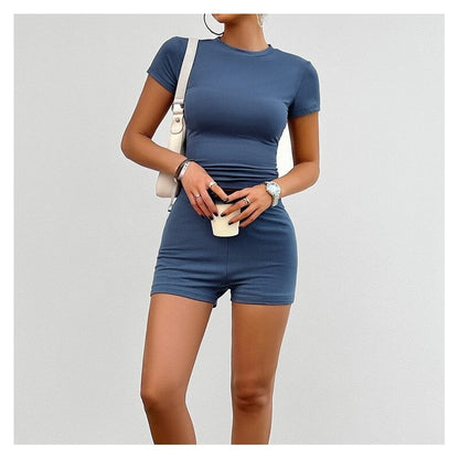 Slim Fit Short Sleeve Shorts Set in Solid Color