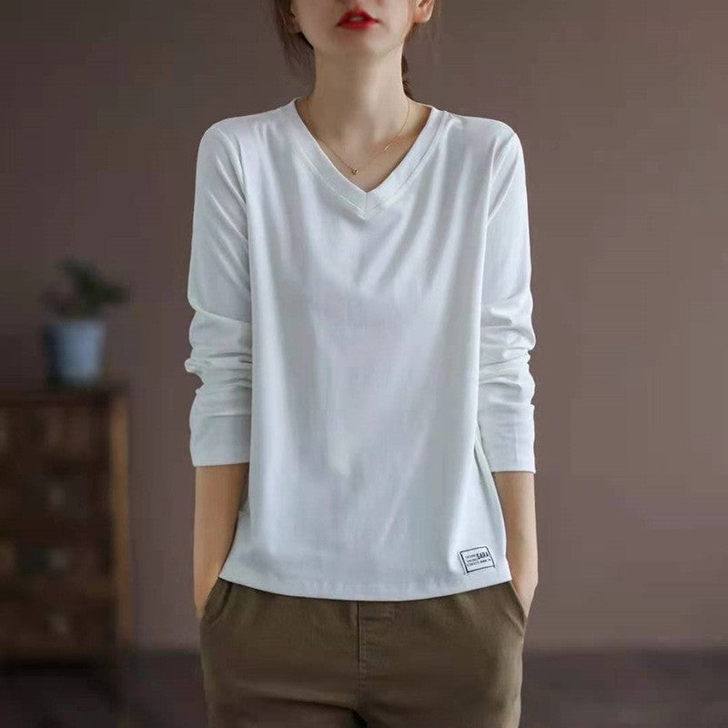 Sure! Here is an optimized title for your clothing product:

"Classic V-Neck Long Sleeve T-Shirt in Solid Color