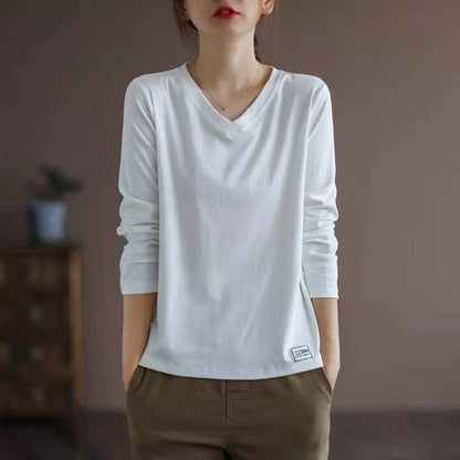 Sure! Here is an optimized title for your clothing product:

"Classic V-Neck Long Sleeve T-Shirt in Solid Color
