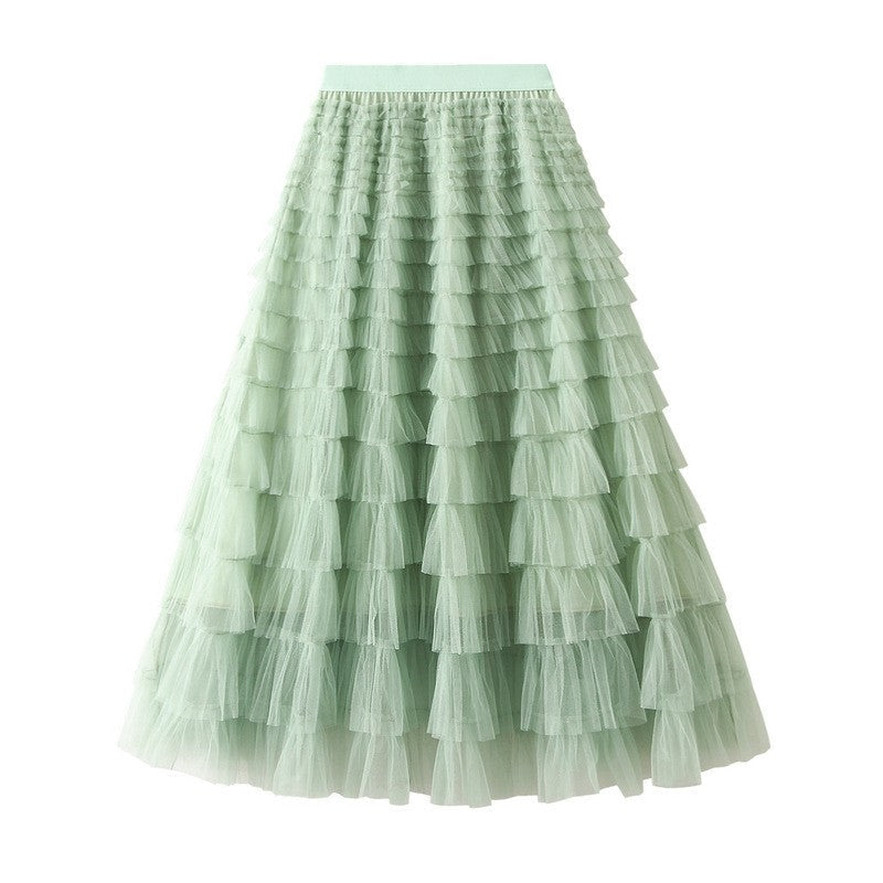 Layered Ruffled A-Line Mesh Cake Skirt with Elastic Waist - Solid Color