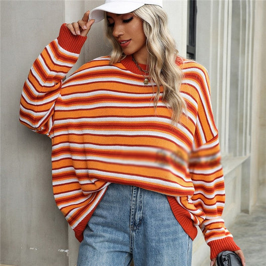 Long Sleeve Crewneck Contrast Color Striped Casual Loose Knitted Sweater