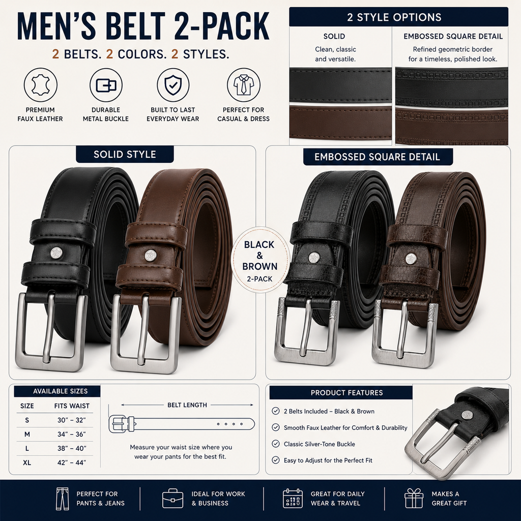Men's Classic Dress Belt 2-Pack – Black & Brown Belts