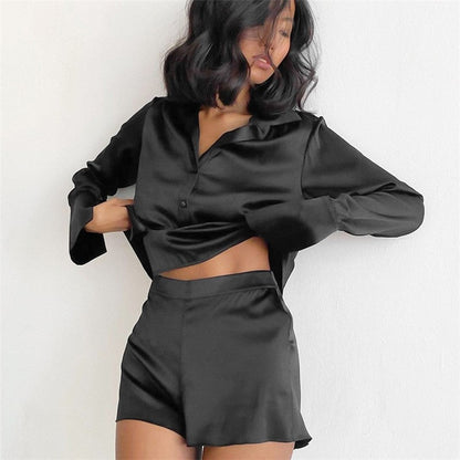 Solid Color Satin Long Sleeve Lapel Single Breasted Blouse and Shorts Set