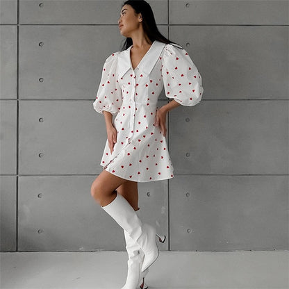 Printed Bubble Sleeve Dress with Cinched Waist, Lapel, and Minimalist Styling