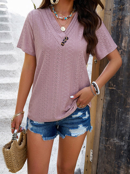 Loose Short Sleeves Buttoned Hollow Split-Joint V-Neck T-Shirts Tops