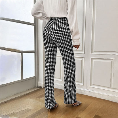 Houndstooth Pattern High-Waisted Bell Bottom Trousers