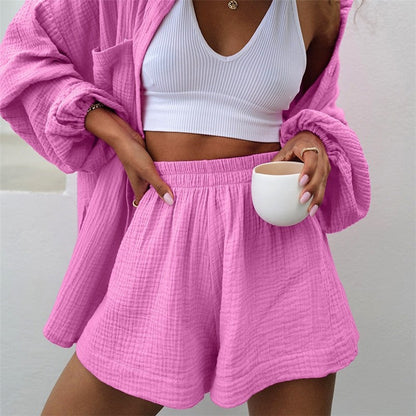 Solid Color Long Sleeve Shorts Pajama Set