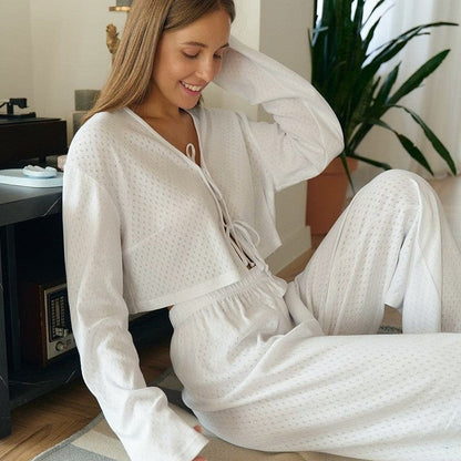 Solid Color Knit Jacquard Long Sleeve Long Pants Lounge Set