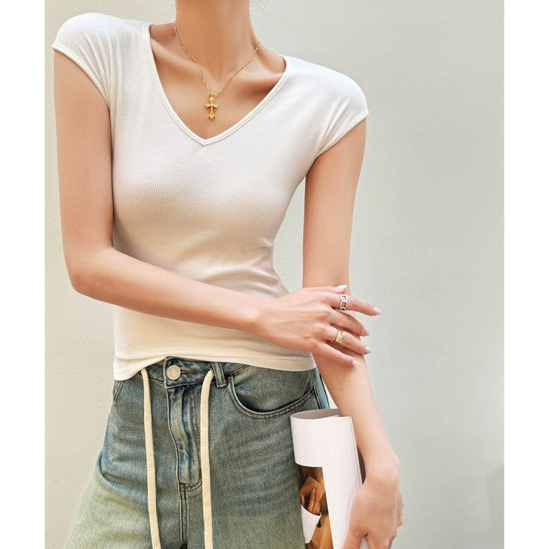 Shoulder-Baring Threaded Sleeve T-Shirt