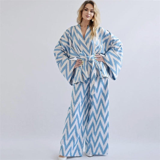 Floral Printed Long-Sleeve Top and Matching Long Pants Pajama Set